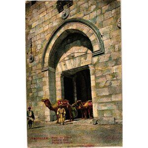 Davids Gate Jerusalem Vintage Postcard Color Illustration Camels Architecture